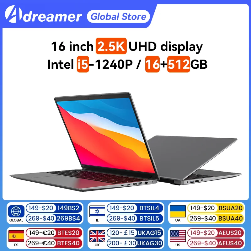 

Adreamer LeoBook 16S Laptop 16 Inch 2.5K 2560x1600 IPS UHD Notebook Intel i5-1240P 16GB DDR4 512GB SSD 55Wh Windows 11 Computer