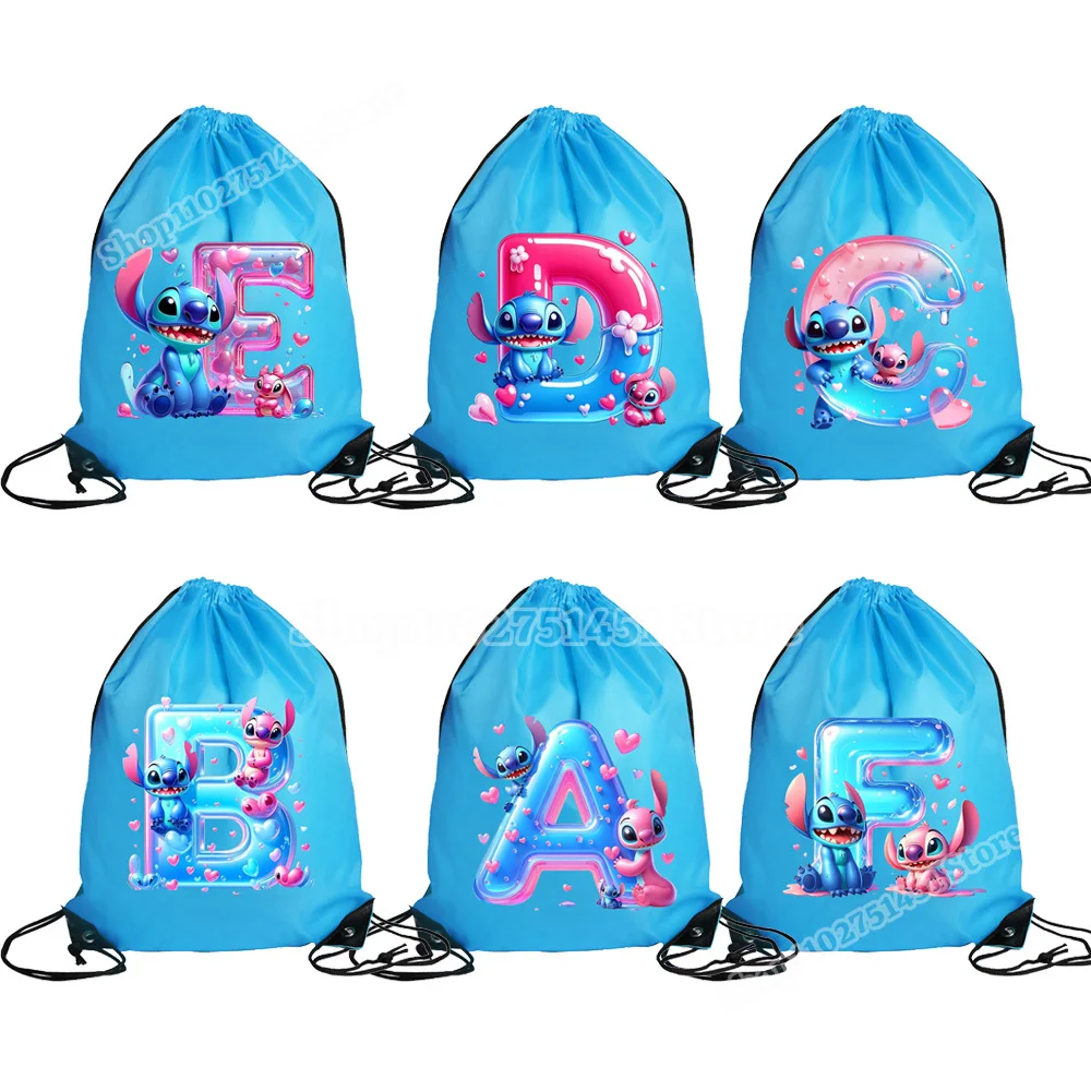 Disney Stitch Letter A-Z Print Drawstring Backpack Polyester Fiber Draw String Bags Men Women Gym Sport Mochila Portable Pouch