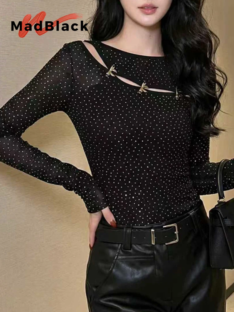 

MadBlack-Women's European T-Shirt, Sexy O Neck Diamond Patchwork, Streetwear Long Sleeve Slim S-3XL Tee, 2025 Winter T5D501CC