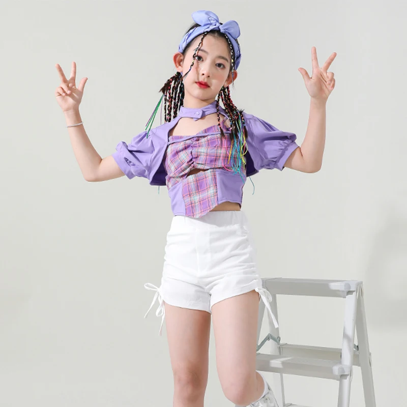 

Girls Summer Jazz Dance Costume Plaid Tops Shorts Kpop Clothing Hip Hop Dance Outfit For Children Cheerleading Clothes YS4868