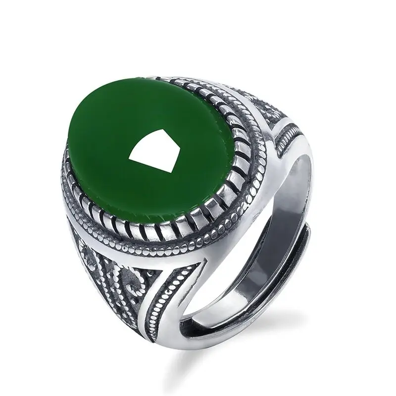 New Men\\\'s Classic Vintage Fashion Micro Set Green Zircon Ring Opening Chinese Fashion Antique Pattern Accessories