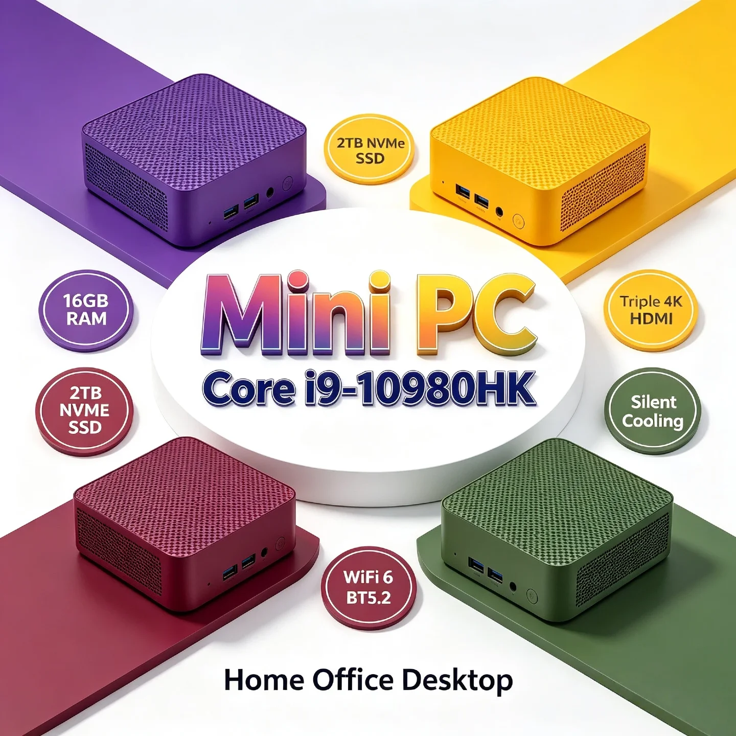 Intel Core i9-10980HK Mini Tower PC 16GB RAM 2TB NVMe SSD Triple 4K HDMI Silent Cooling WiFi6 BT5.2 Desktop Home Office