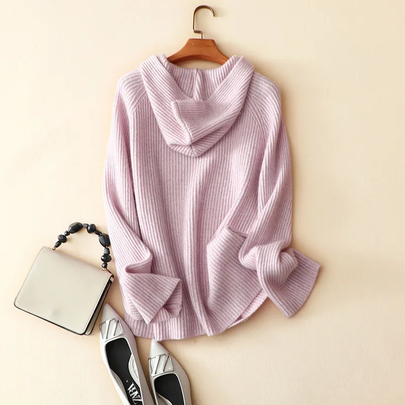 masigoch winter ribbed chunky knit luxury 100% cashmere pink hoodie sweater jumper