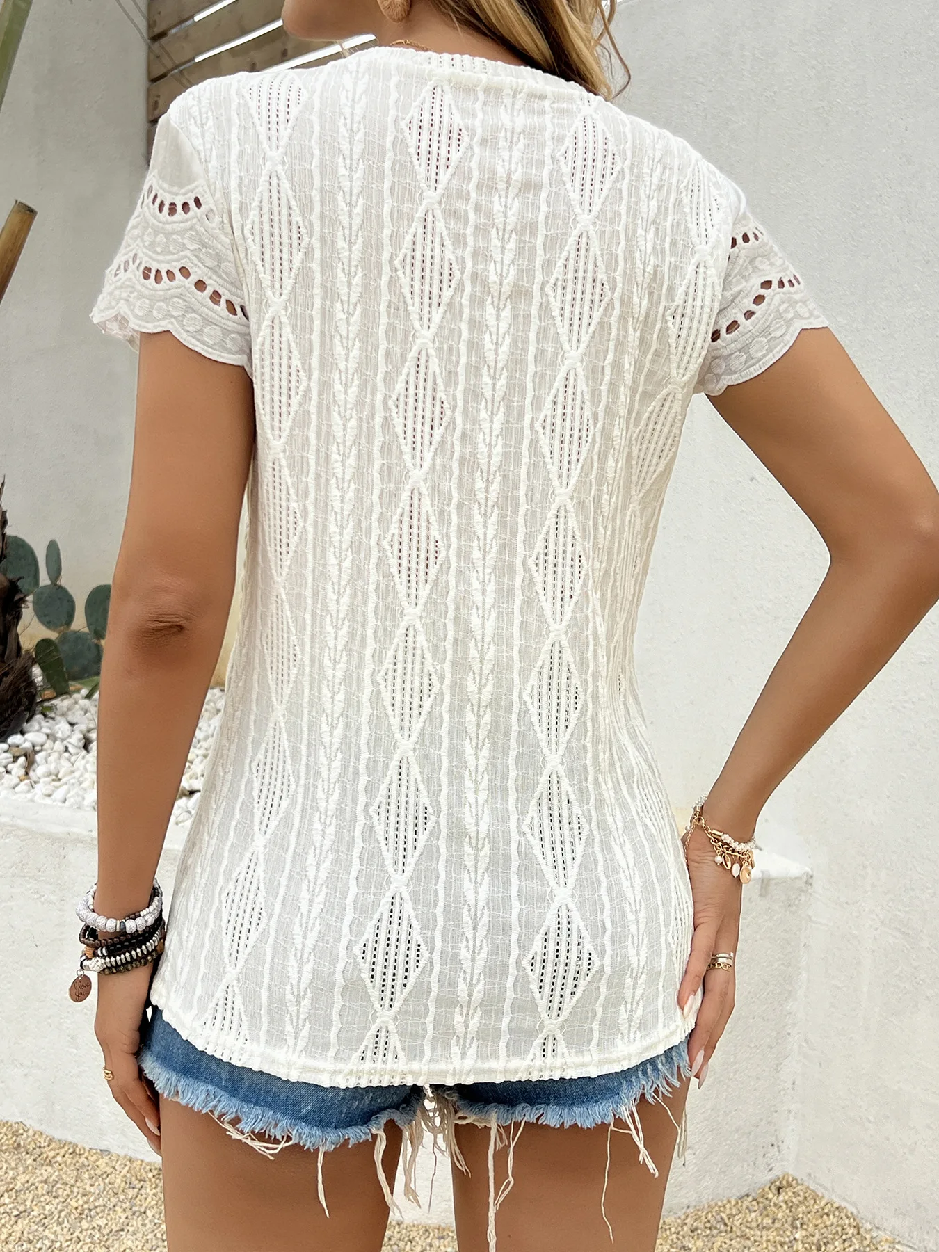 Women Summer Fashion Blouses Tops Lace Patch Buttoned Casual V-Neck Short Sleeve Plain Daily Blusas Shirt Clothes Lady Blusas