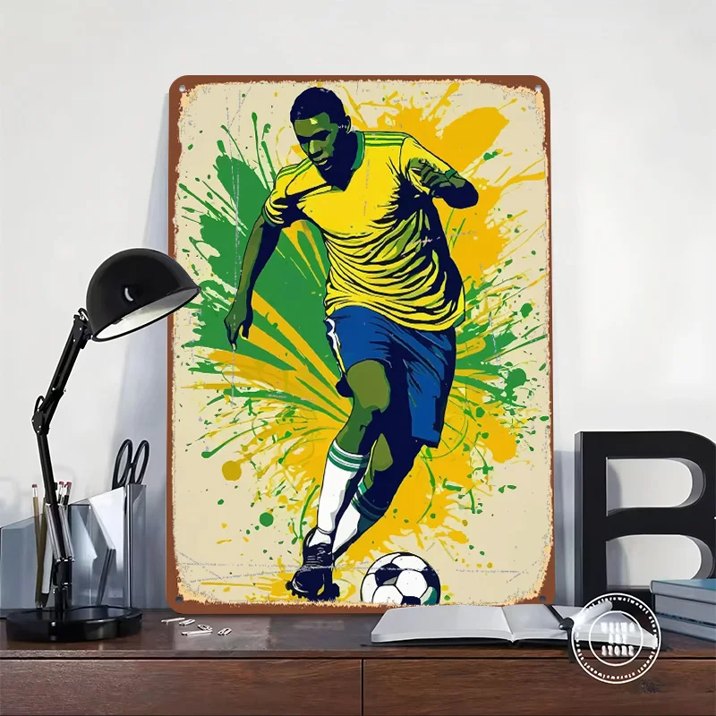 Soccer Player With Brazil Splatter Poster Customized Vintage Metal Signs Wall Art Retro Tin Plaque for Mancave Room Decorations