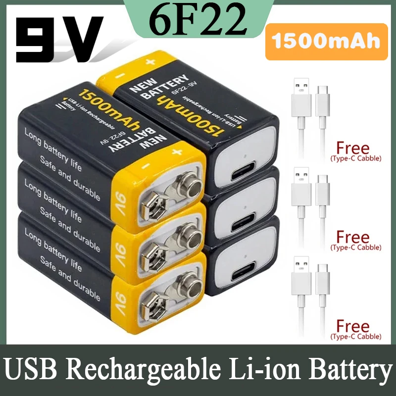 Upgrade 9V 1500mAh Micro Li-ion Rechargeable Battery 6F22 9V Battery for RC Helicopter Model Microphone Toy Free Type-C USB