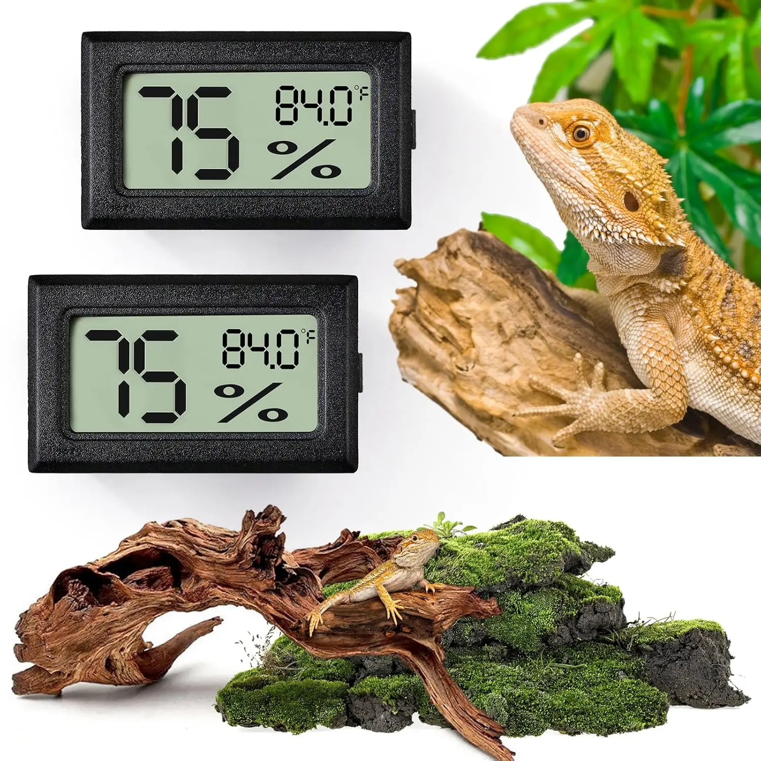 2-Pack 2-in-1 Thermometer & Hygrometer for Reptiles — Terrarium Tool for Reptiles and Amphibians