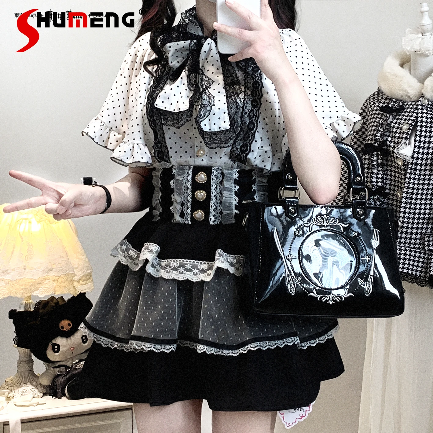 

2025 Japanese Sweet Mine Sweet Polka Dot Print Shirt Summer 2025 New Girl's Women Cute Bow Lolita Blouses Tops Camisas De Mujer