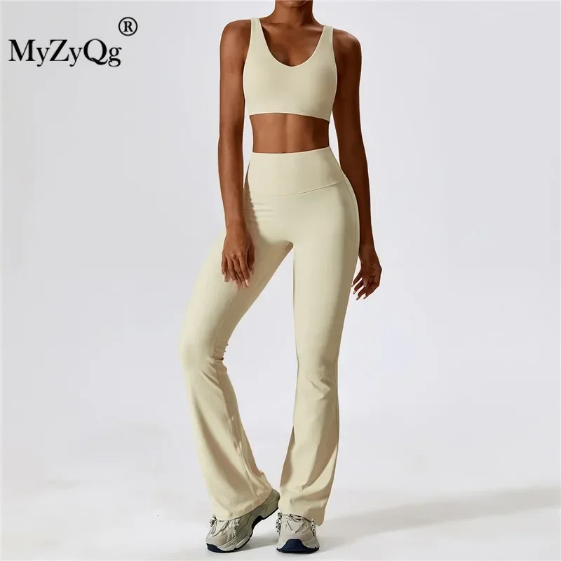 MyZyQg Women Autumn Shock-proof Two Piece Yoga Suit Quick Dry Body-tight Fitness Suit Casual Sports Bra Vest Flare Pant Set