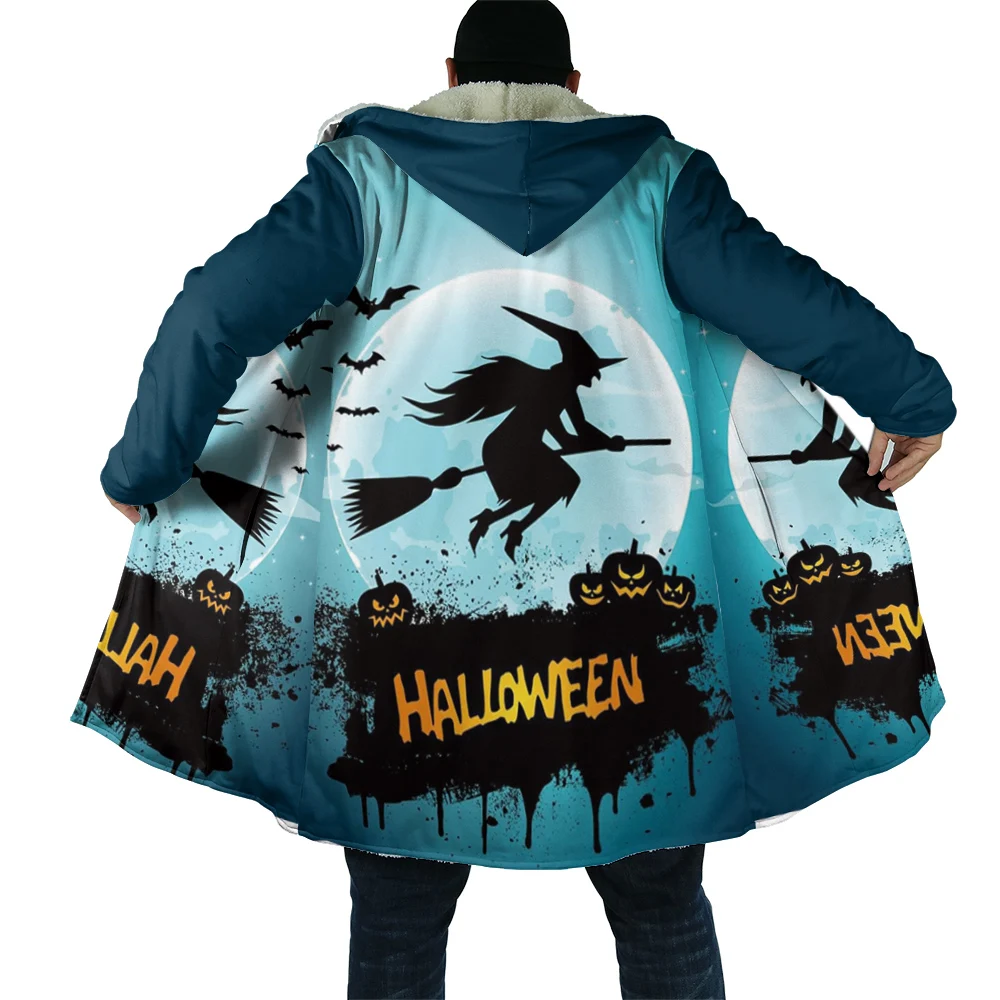 Winter Mens Hooded Cloak Halloween Pumpkin Trick and Treat Graphic Print Fleece Wind Breaker Unisex Casual Thick Warm Hood Cloak