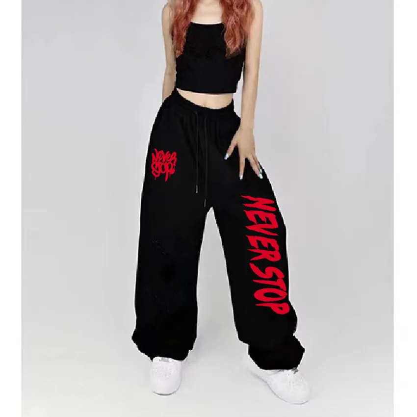 Pantalones de chándal con diseño de cordón en blanco y negro para mujer, pantalones deportivos de baile callejero de Hip-hop para mujer, pantalones largos que combinan con todo, novedad de verano