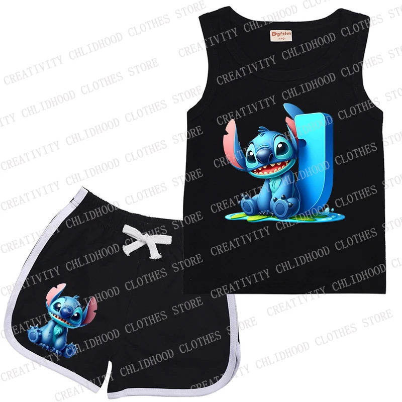 Neue Kinder Anzug Stich Brief a-z Sport schwarze Kleidung lässig ärmellose Mädchen Junge Weste & Shorts 2 Stück Sets Kinder Sommerkleid ung