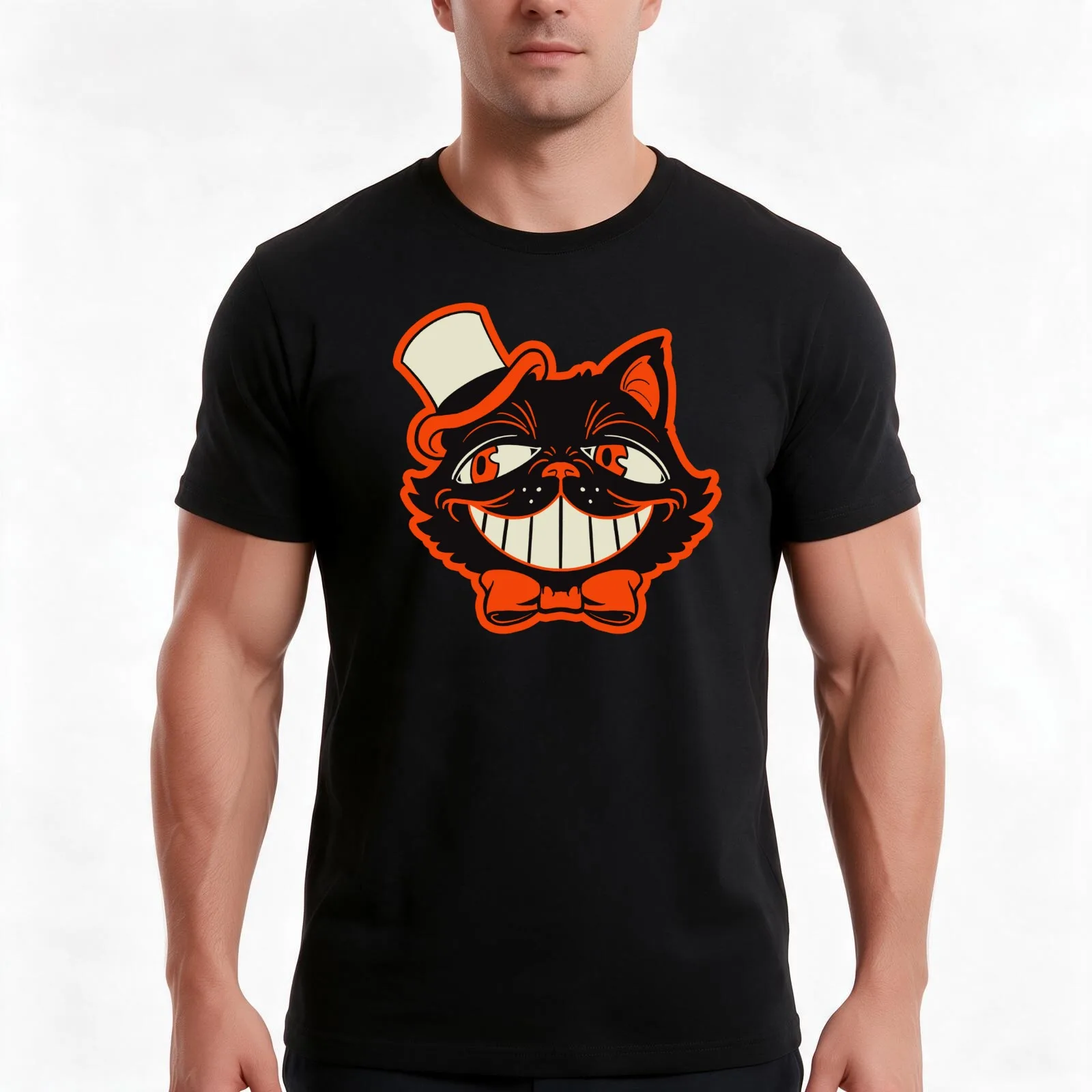 Retro Vintage Halloween Dandy Black Cat Grinning Face with Top Hat T-Shirt Summer Casual Cotton Tee Oversized Streetwear Tops