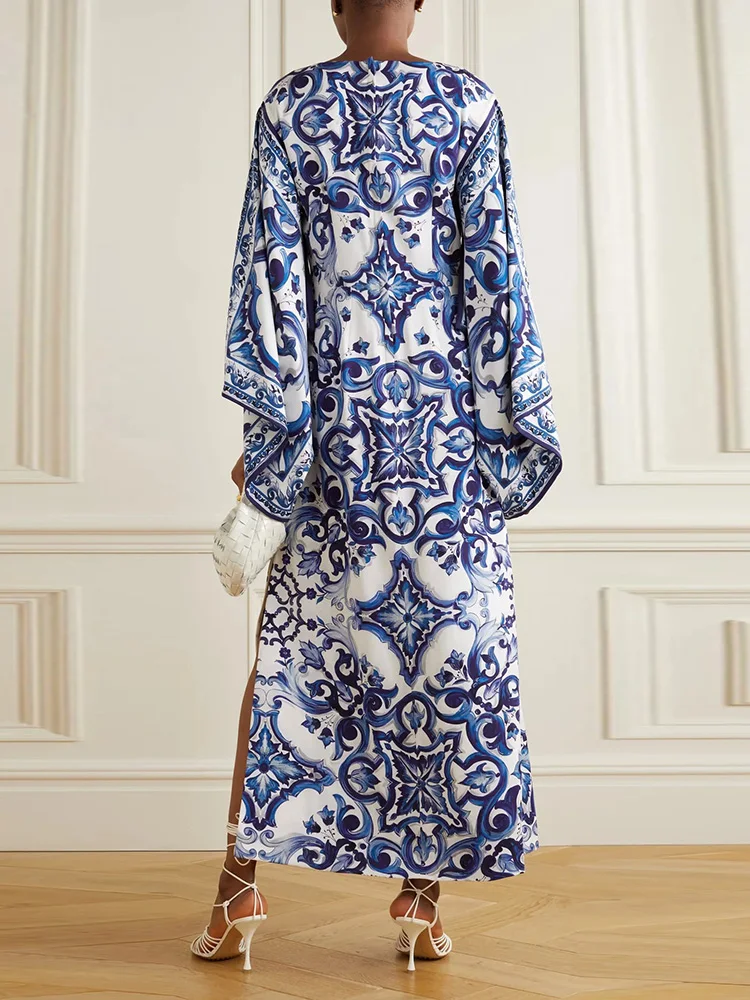 Party Dress Patchwork Printing Loungewear Women Summer Loose Maxi Dress Casual Three Quarter Sleeve O-Neck Ladies Dress Vestidos