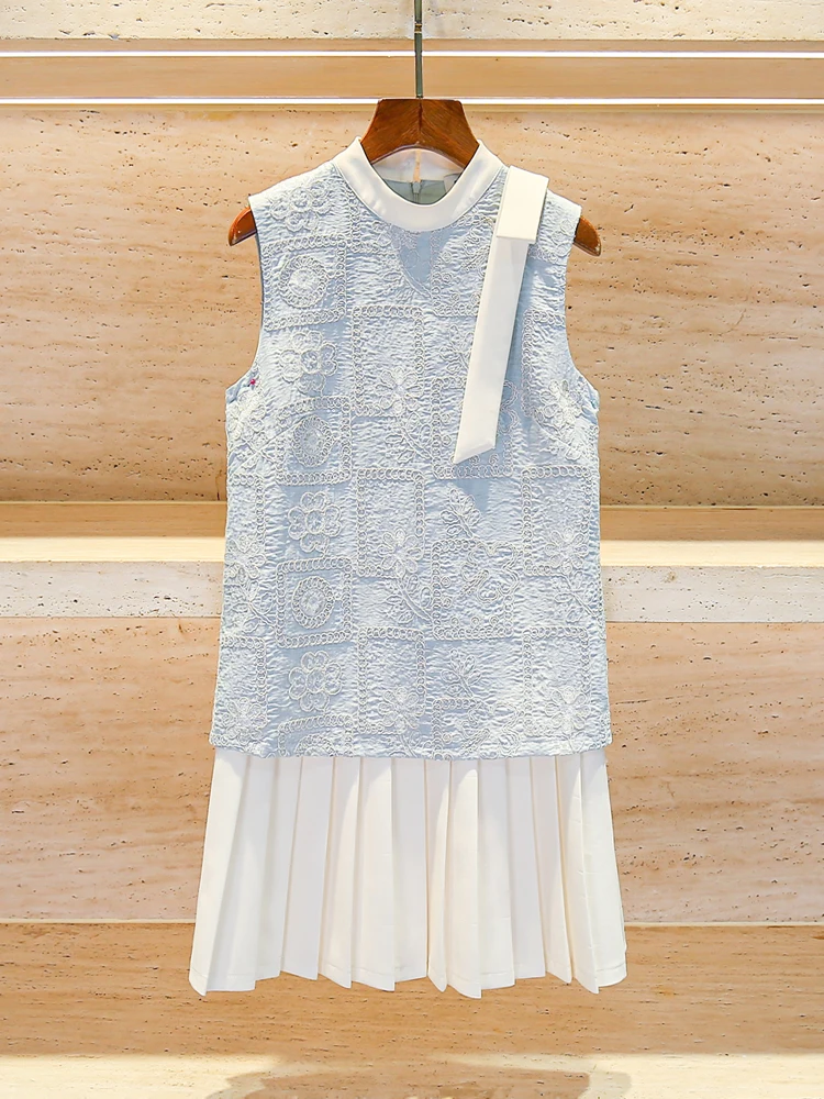 

Ele Embroidered Sa Pleated Vest Dr Women's Summer High Waist A-Line ort Skirt Bal Zipper Closure Commute Sle