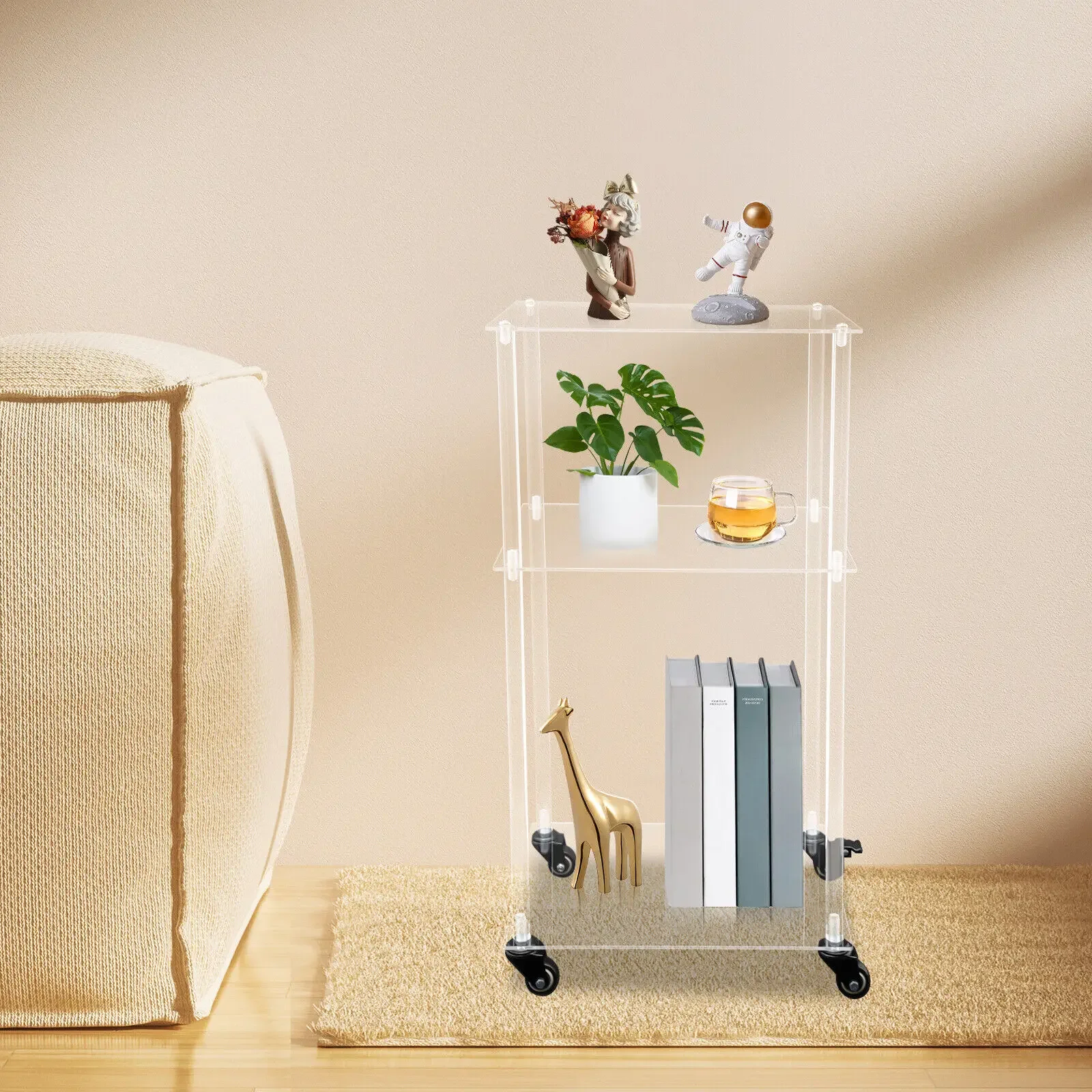 

3-Tier Rolling Acrylic Printer Stand - Clear Mobile Storage Shelf for Office Organization