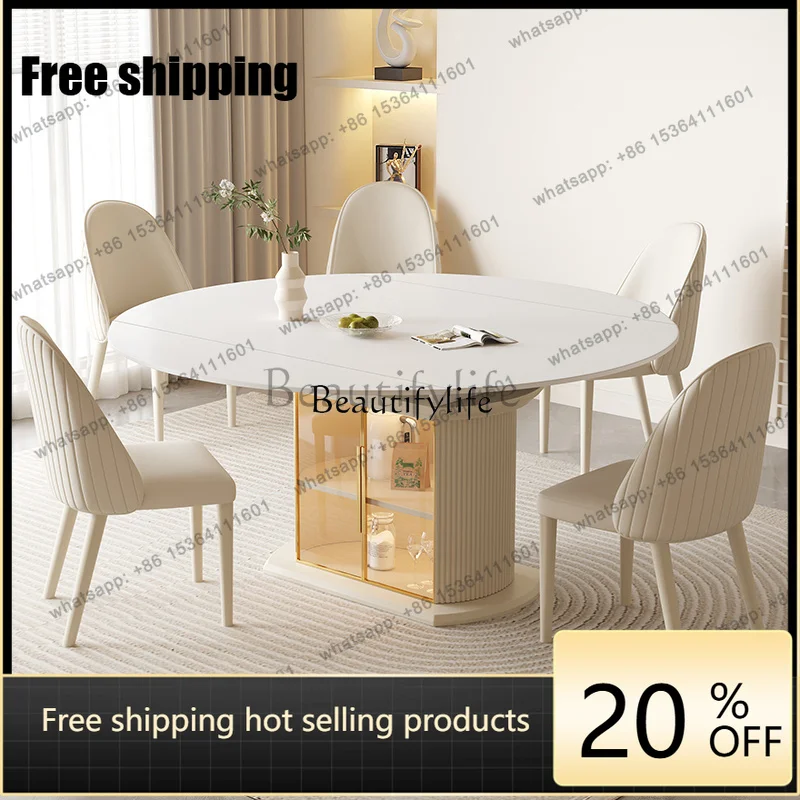 hot Cream wind white rock slab dining table household small apartment telescopic folding dual-purposeFactory Direct