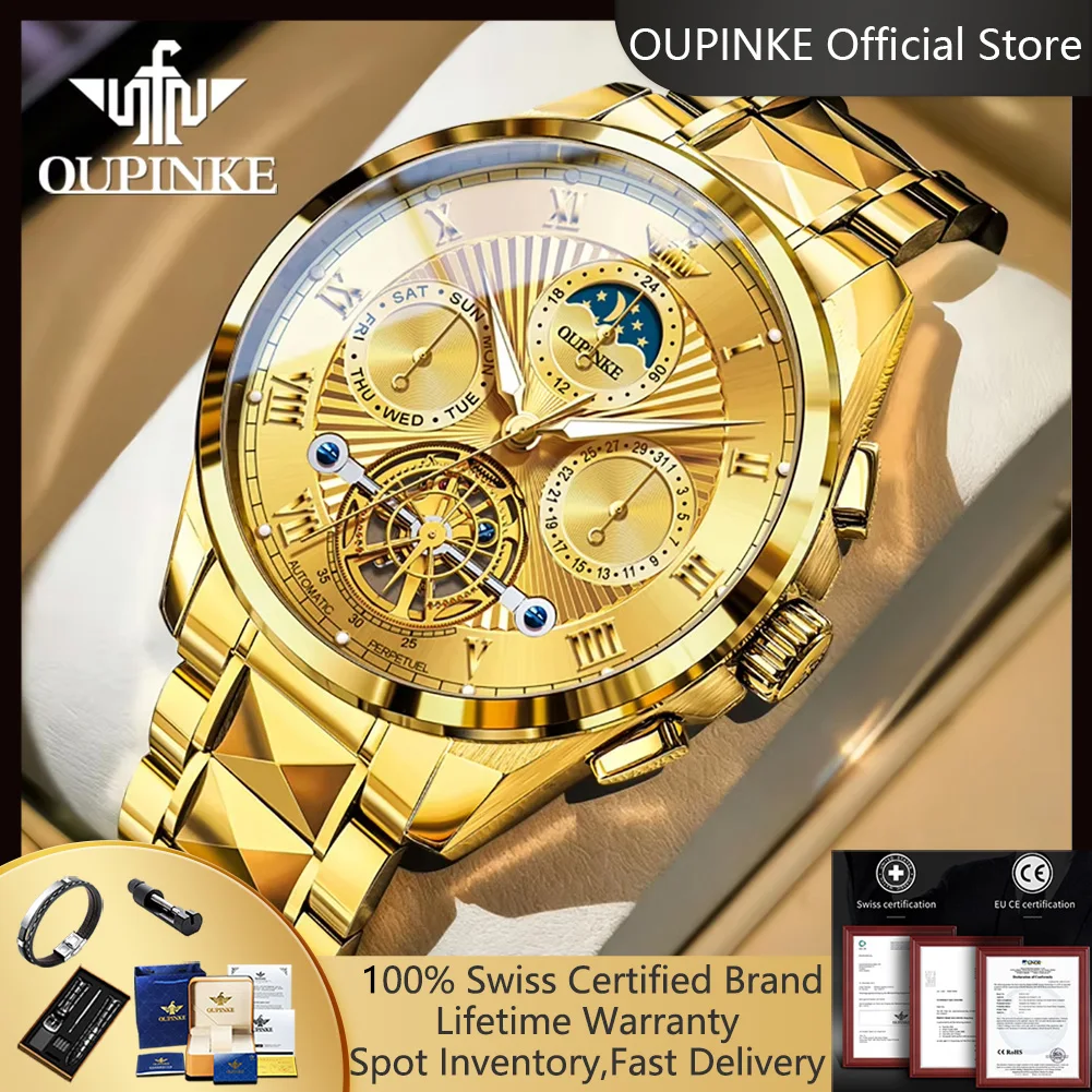 

OUPINKE Роскошные автоматические часы для мужчин, многофункциональные механические часы из вольфрамовой стали с полым циферблатом, элитные мужские часы