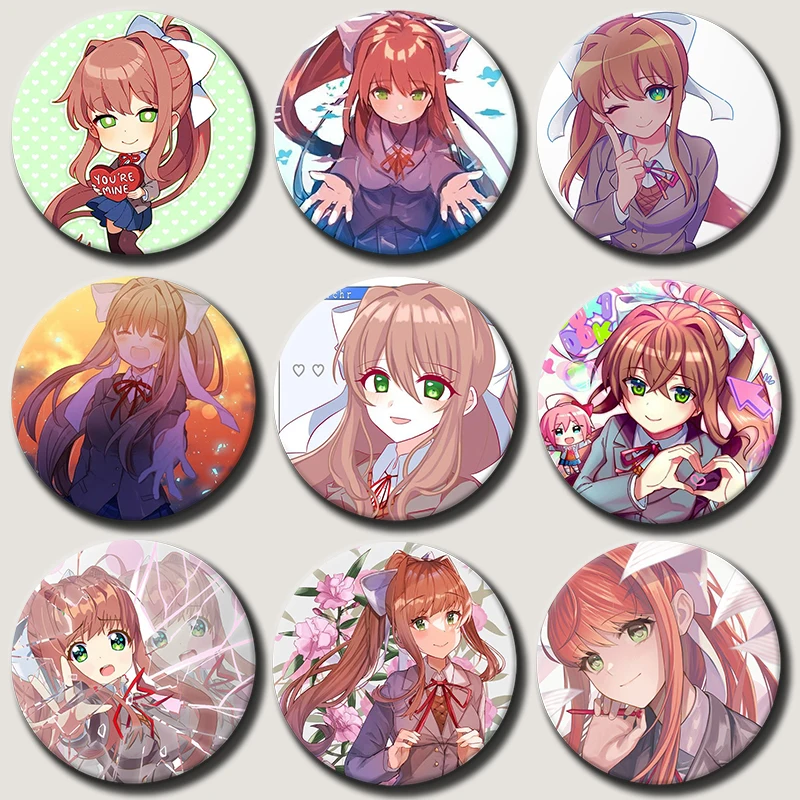 

Anime Character Monika Pins Tinplate Badge Cartoon Monika Brooches for Backpack Hat Clothes Decoration Fans Collection Gifts