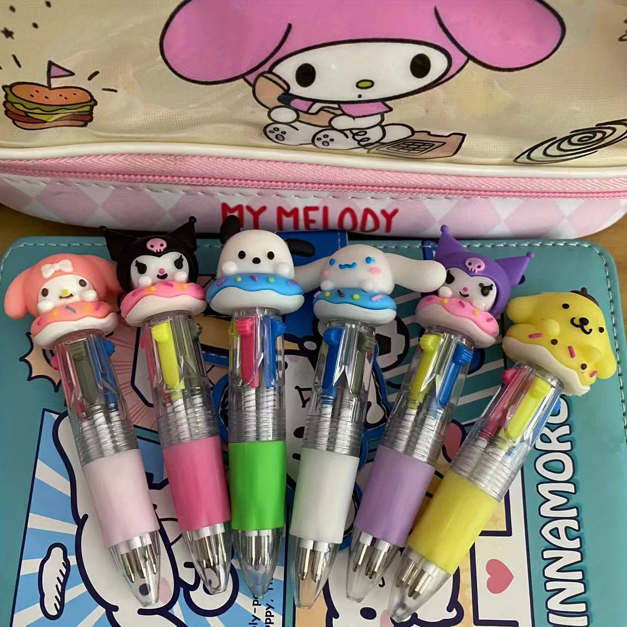 MINISO kuromi HelloKitty 6-Piece Doll Mini Four-Color Click Ballpoint Pen Cartoon Cute Multicolor Pen 0.mm Fine Tip Writing Tool