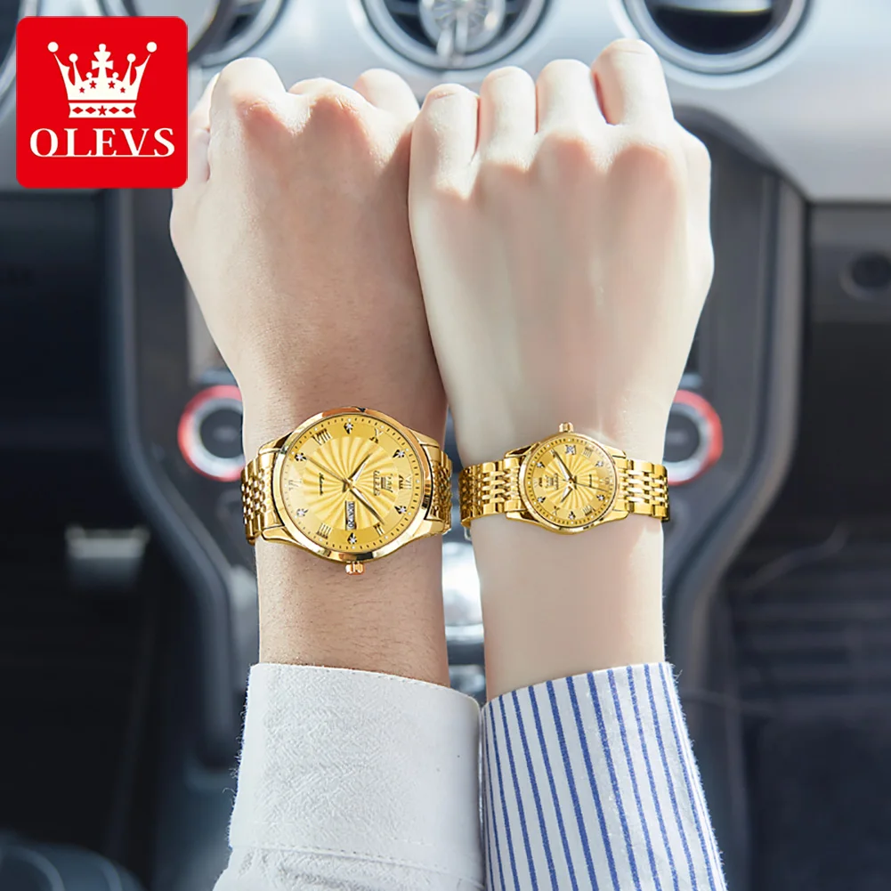 Olevs 6630 relógio mecânico automático para casal, marca de luxo, diamante, calendário romano, mostrador redemoinho, presente para amantes, conjunto de relógio dele ou dela