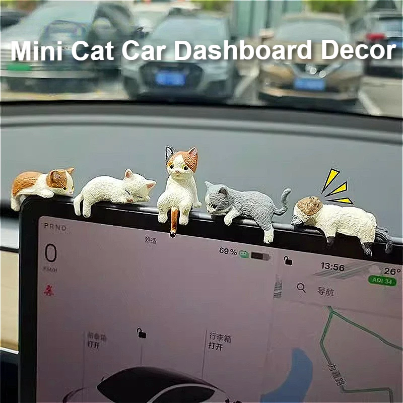 

Adorable Cat Car Decor - Mini Kitten Dashboard Figurine for Center Console, Cute Lying Down Plush Doll Auto Ornament