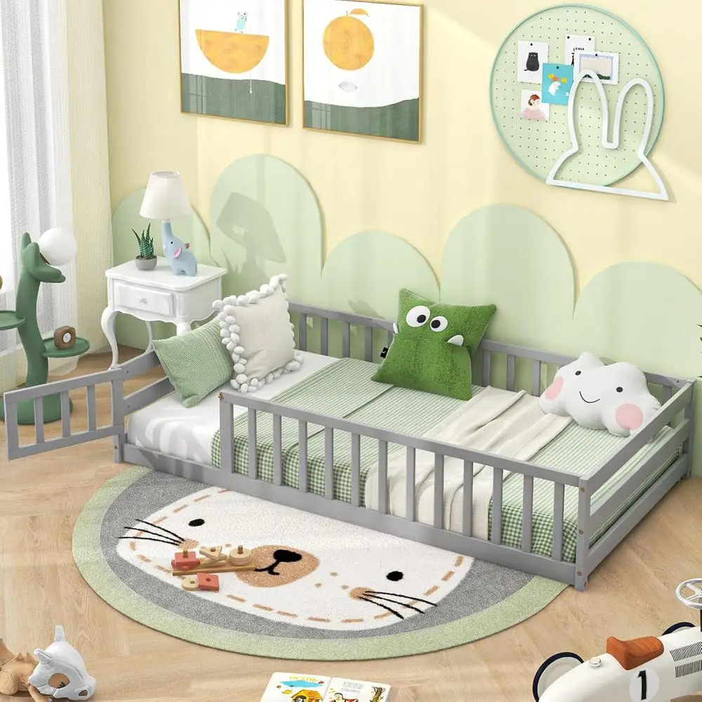 

Двуспальная напольная кровать Монтессори с дверцей и ограждением, детская деревянная безопасная кровать с перилами, пружина не требуется, серый