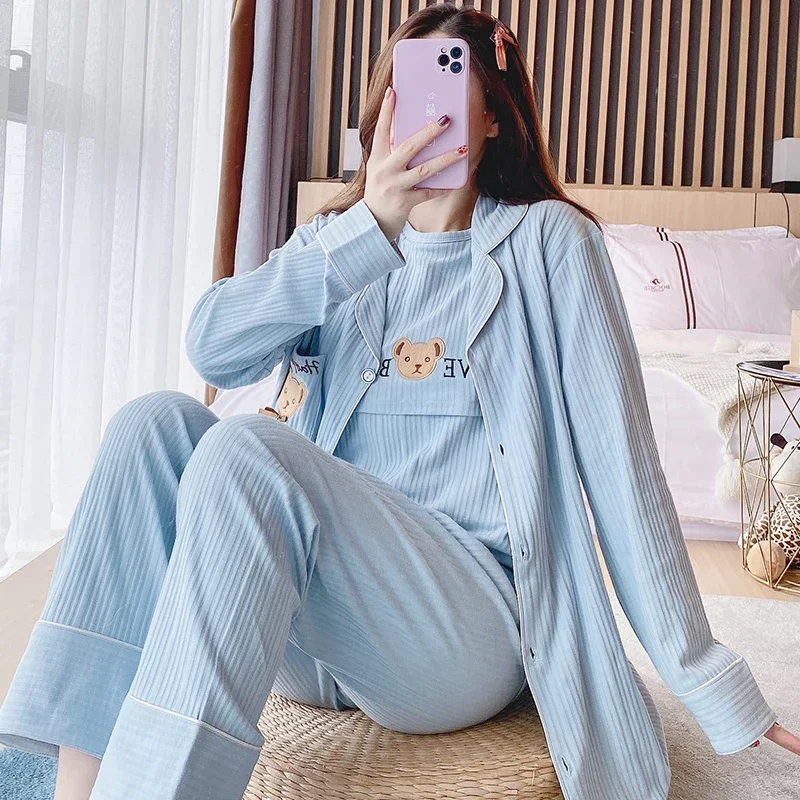 100% Cotton Maternity Nursing Sleepwear Sets 3PCS Spring Autumn Feeding Shirt Belly Pants Suits Pregnancy Home Lounge Sleep Wear