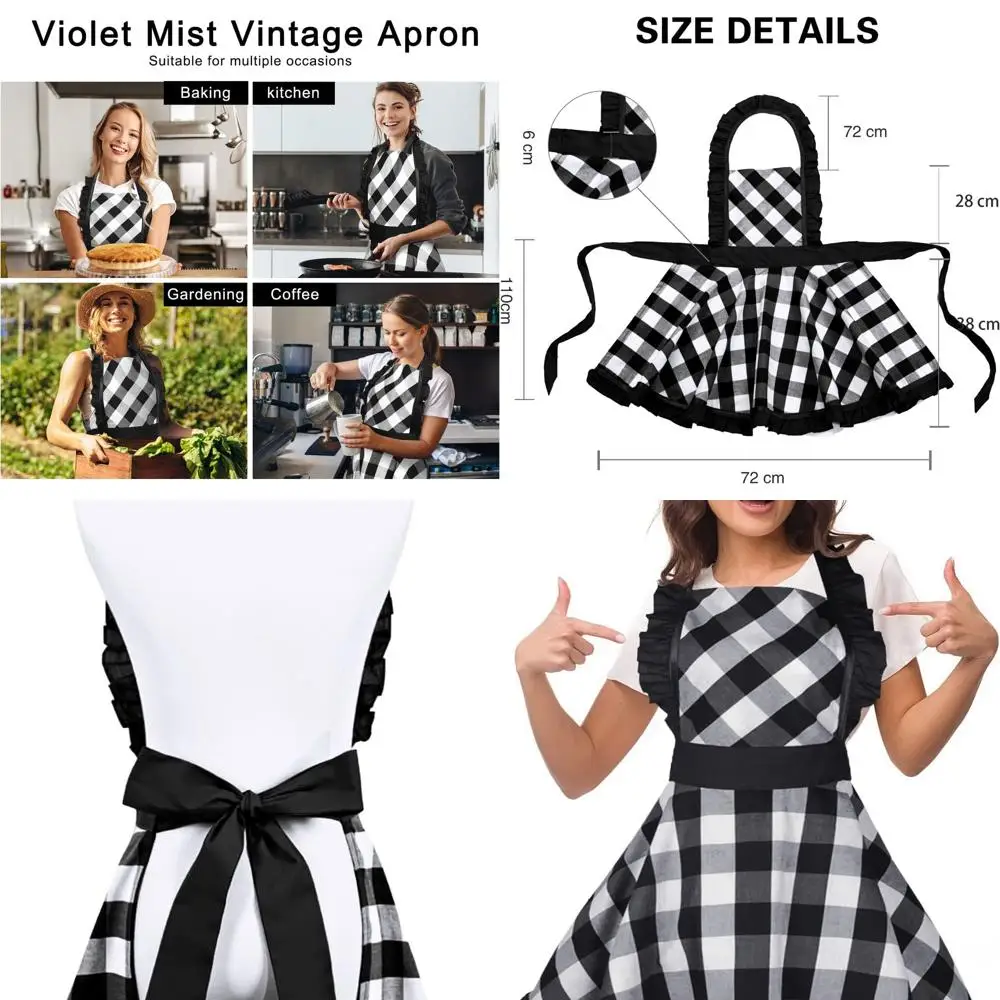 

Elegant Black Plaid Vintage Apron with Ruffles for Women - Perfect for Christmas, Retro, French Maid, Halloween, and Mother's Da
