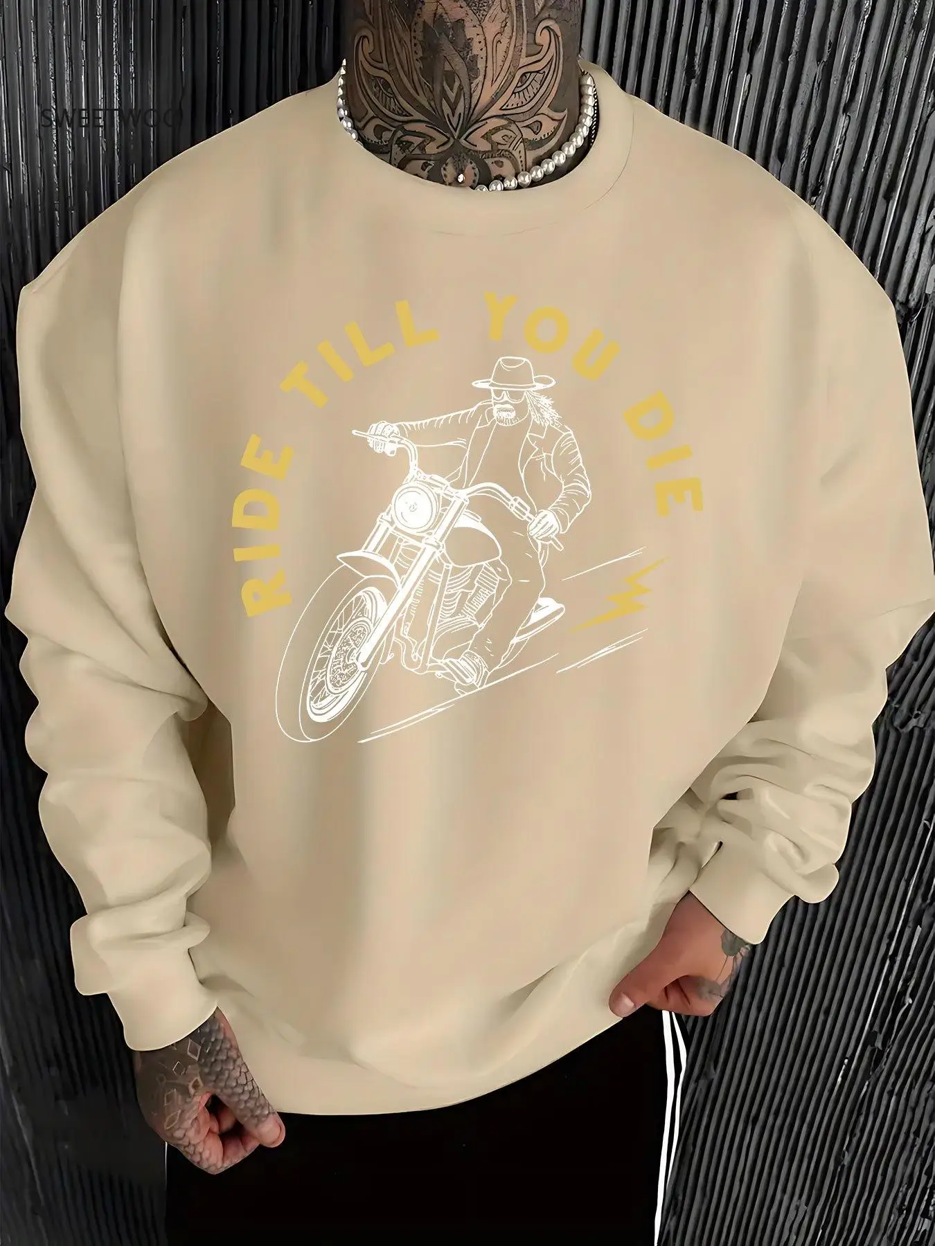 

Men's Motorcycle Graphic Sweatshirt - "ride Till You Die" Design, Brown Casual Pullover with Motorcycle Rider Print, Loose Fit