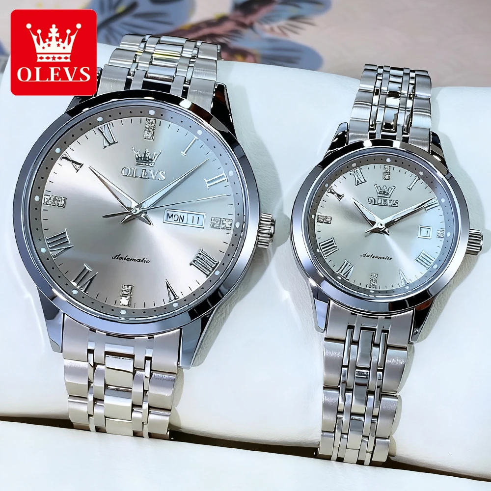ساعات OLEVS للأزواج كاجوال عصرية من الفولاذ الناعم الأصلي ساعة يد ميكانيكية أوتوماتيكية لمحبي مقاومة للماء وأسبوع التاريخ المضيء
