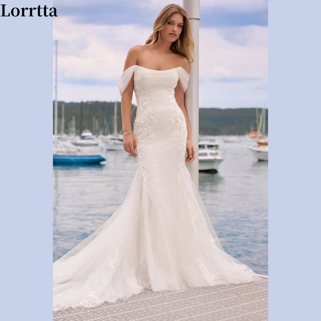 

Beach Tulle Lace Mermaid Wedding Dresses Boat-neck Off the Shoulder Luxurious Applique Marriage Evening Gown Formal Bridal Dress