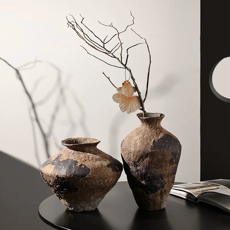Wabi-Sabi Vintage Style Ceramic Vase Oriental Zen Handcrafted Mottled Surface Living Room Entrance And Dried Branch Decor Gift
