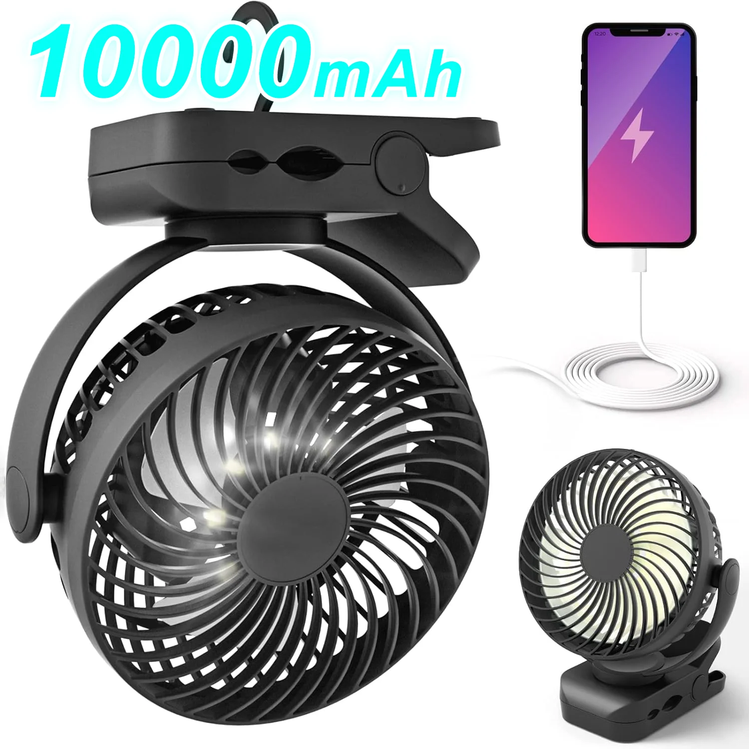Ventilador portátil de camping de 10000mAh com luz LED e gancho para pendurar - Ventilador recarregável com bateria de 65H, adequado para barracas e outros.