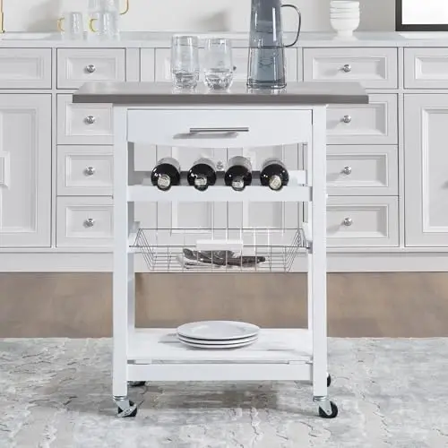 Mobile Rolling Kitchen Island Trolley Serving Cart with Underneath Drawer & Slide-Out Wire Storage Basket
