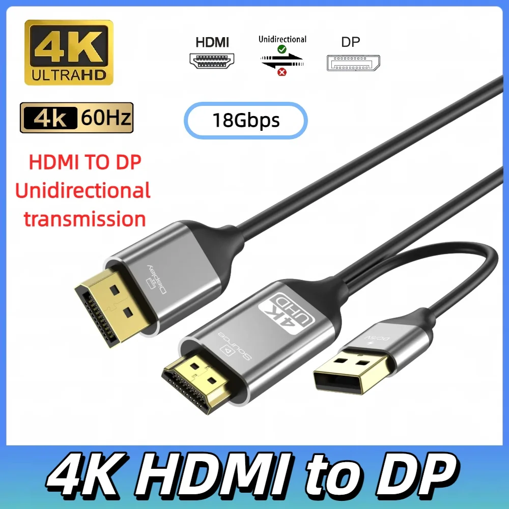 HDMI-zu-DisplayPort-4K-Kabel unterstützt 4K@60Hz mit USB-Stromkabel, unidirektionale Übertragung für PS5, PS4, PC, Laptop, Monitor, TV