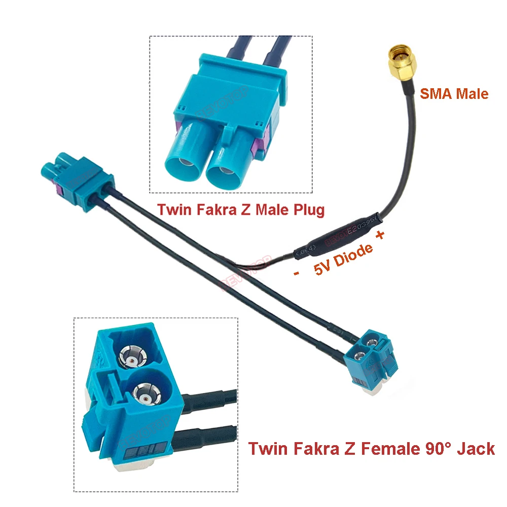 BEVOTOP Twin Fakra to SMA Splitter cables Dual Fakra Z Male Female to SMA With Diode Custom-made Auto RF Coaxial Cable Jumper