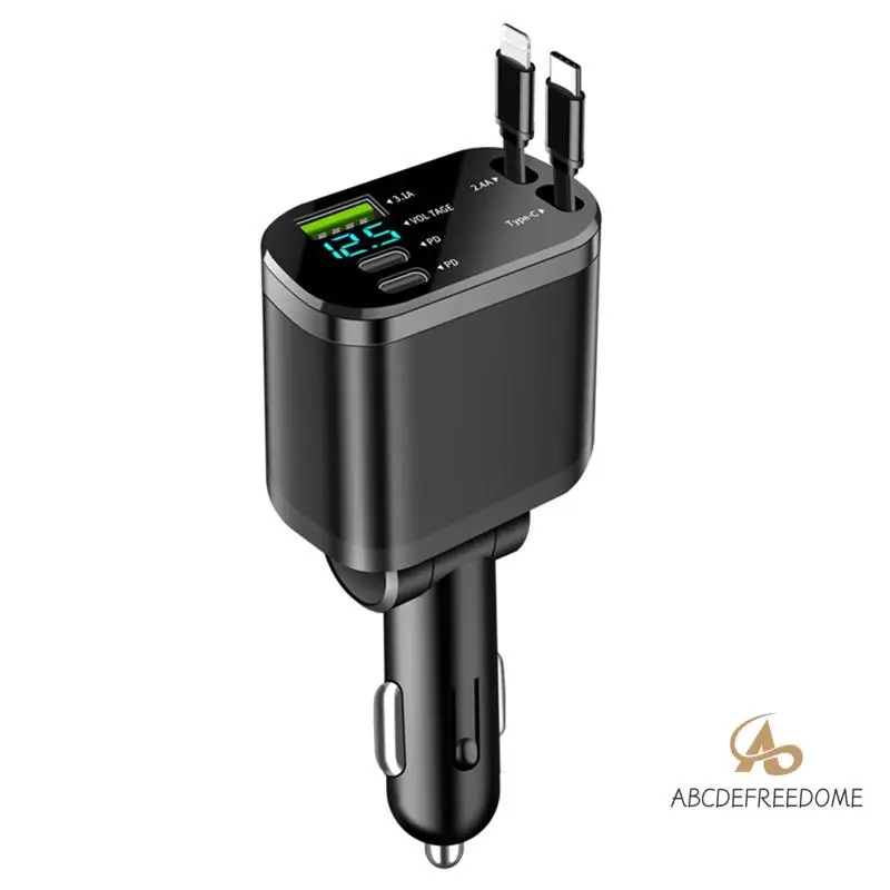 

USB Type C Fast Charging Car Charger Adapter Multi Port With Retractable Type C Cords Cable Adapter