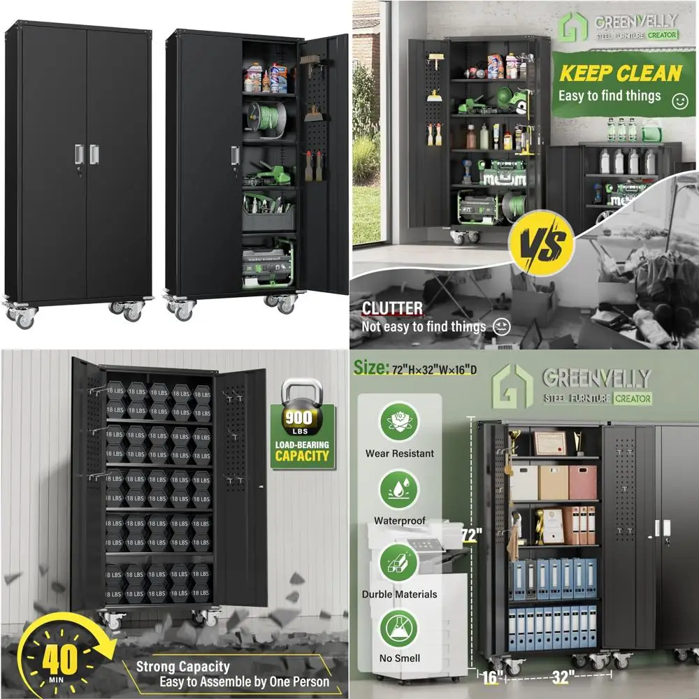 

Greenvelly Metal Storage Cabinet with Wheels,72 Black Garage Storage Cabinet with Pegboards and Wheels, Rolling Tool Cabinet wit