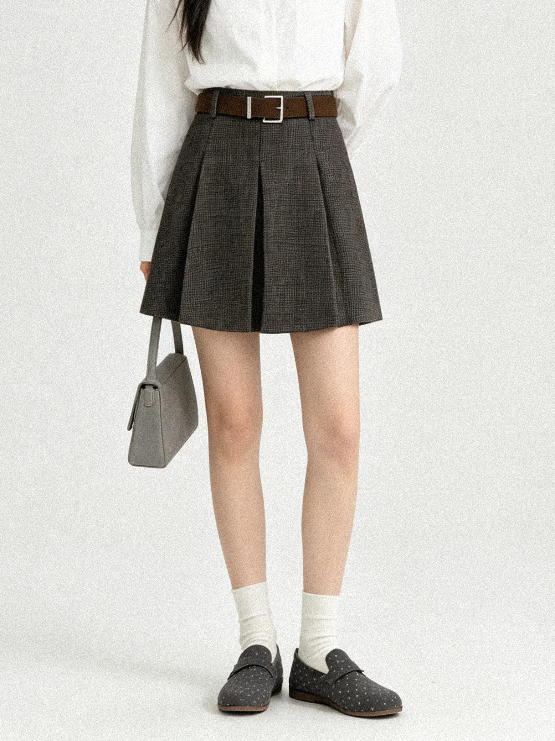 High Waist A-Line  Skirt in Tweed Fabric with Retro Plaid Design for Early Autumn Korean Style Skin-Friendly Breathable