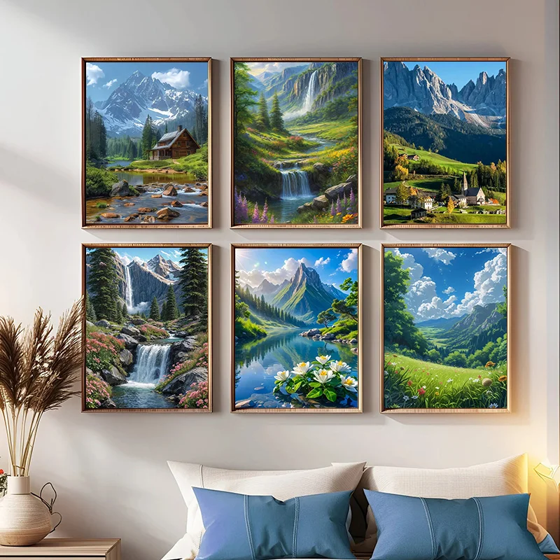 1pcs(No frame) Natural Landscape Forest Flower Hut Stream Waterfall Trees Mountain View Poster Canvas Painting Wall Art HD Pictu