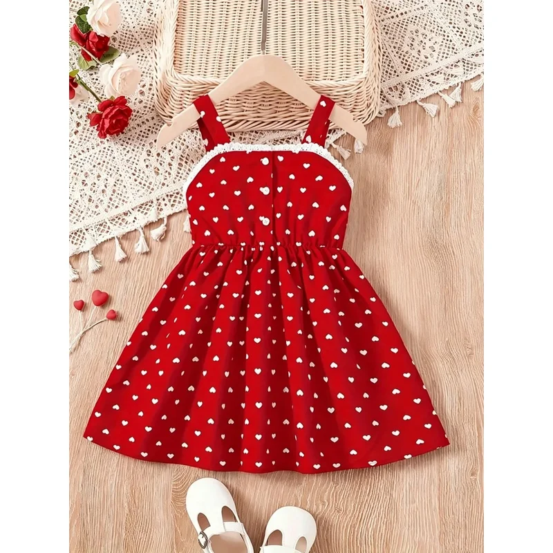 Girls Summer Fashion Casual Dress Love Pattern Breathable Sleeveless Square Neckline No Accessories Needed