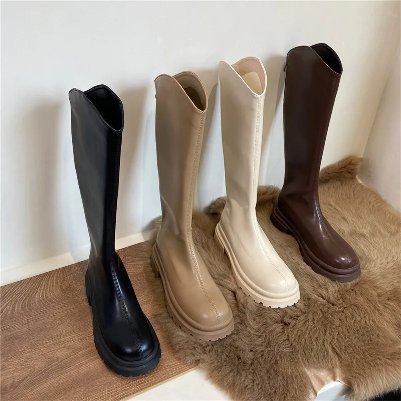 

Fall Winter Brown Thick Bottom Long Boots Women's Fashion Boot High Tube Slim Knight Boot Korean Style round Toe Zipper Closure