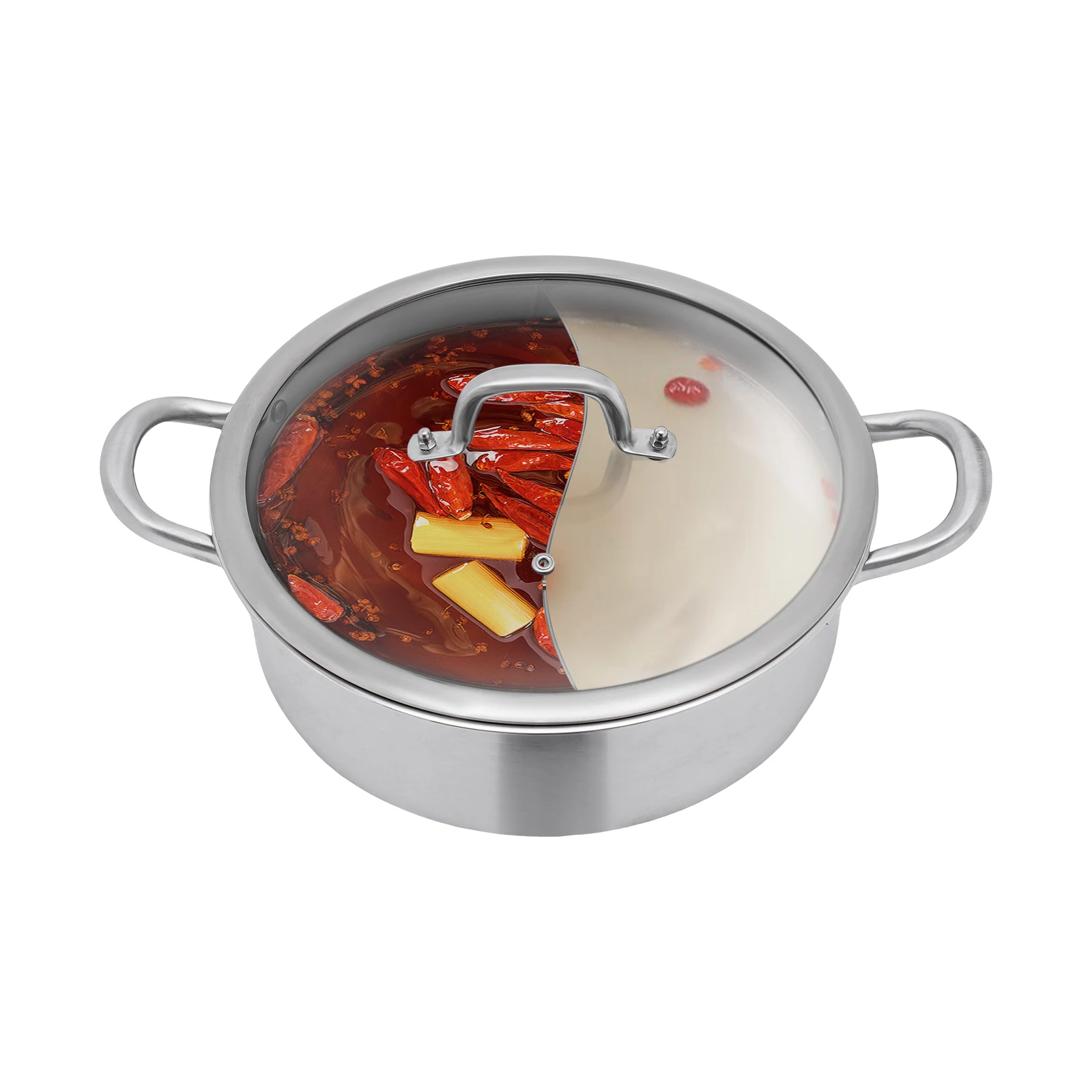 304 Stainless Steel Hot Pot with Divider, Pot with Glass Lid, Hot Pot with Spoon/ Leaky Spoon