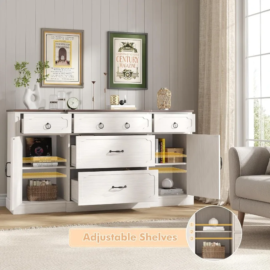 خزانة بوفيه مع مساحة تخزين مقاس 58 بوصة، بوفيه جانبي كبير مع 5 أدراج وبابين، أرفف قابلة للتعديل، قهوة خشبية للمزرعة