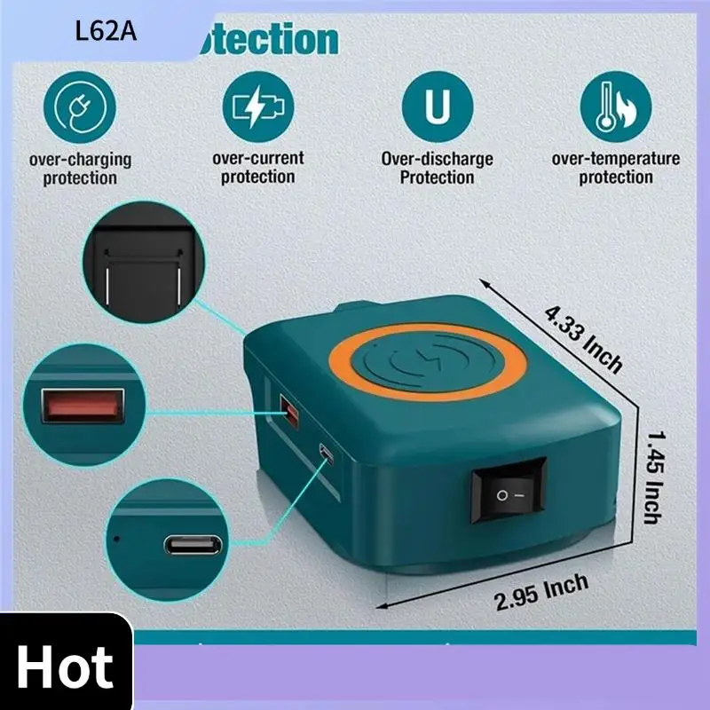 

L62A Wireless Cell Phone Charger Lithium Battery Adapter For 18V Battery With USB-C 2.1A Fast Charges