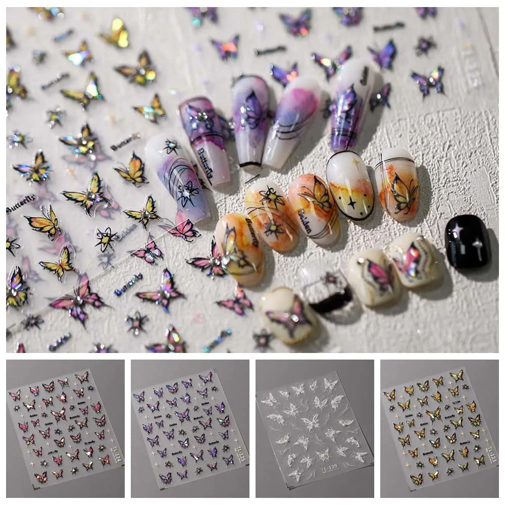 Pegatinas para uñas de mariposa con diamantes brillantes y perlas, calcomanías para uñas de mariposa con luz de concha, mariposa, cristal, diamante, mariposa