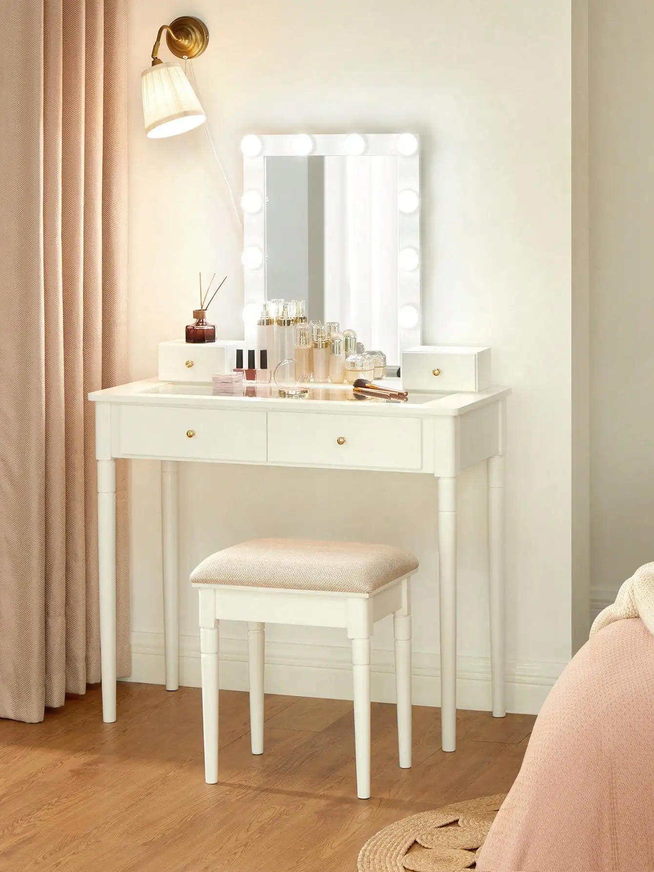 VASAGLE Vanity Set con sgabello, specchio, 10 lampadine dimmerabili, 2 cassetti grandi con piano in