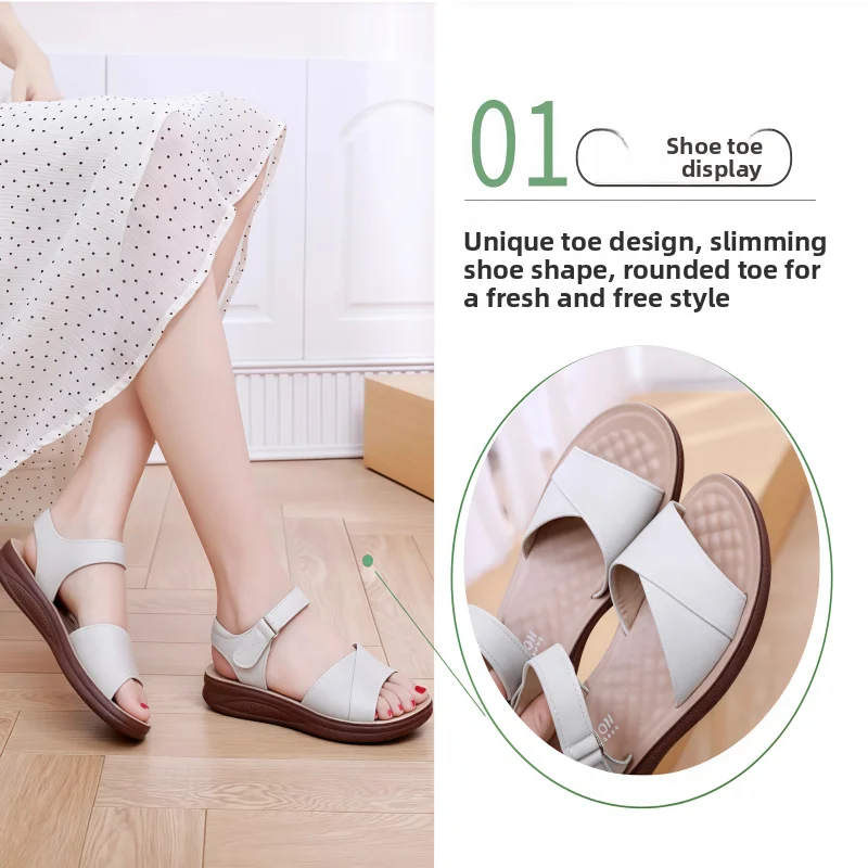 2025년 신상 엄마 샌들 천연 가죽 평평한 밑창 미끄럼 방지 편안한 부드러운 밑창 캐주얼 샌들 중년 및 노년 여성용