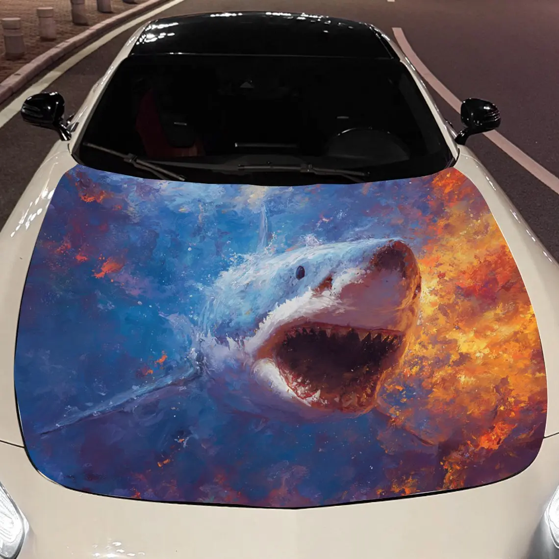 Car Decals A Shark With A Fierce And Dynamic Aura In A Colorful, Cosmic - Like Backdrop Car Hood Sticker, Waterproof Self - Adhe